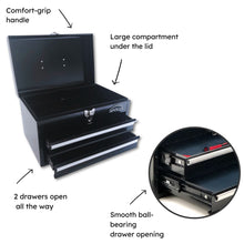 APOLLO TOOLS Black Steel Tool Chest with 2 Drawers and Ample Top Compartment -- DT5010 shows product vignettes and information including Comfort-grip
handle
2 drawers open
 all the way
Smooth ball-bearing 
drawer opening
Large compartment
under the lid