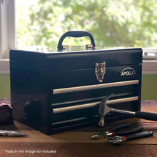 APOLLO TOOLS Black Steel Tool Chest with 2 Drawers and Ample Top Compartment -- DT5010 lifestyle image shows against a window background and a few tools not included