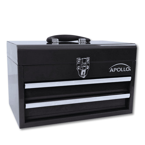 Black Steel Tool Chest with 2 Drawers and Ample Top Compartment -- DT5010 shown closed at slight angle