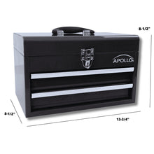 APOLLO TOOLS Black Steel Tool Chest with 2 Drawers and Ample Top Compartment -- DT5010 shows measurements: 8-1/2" height, 13-3/4" width, 8-1/2: depth