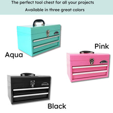 APOLLO TOOLS Black Steel Tool Chest with 2 Drawers and Ample Top Compartment -- DT5010 shows 3 colors: pink, aqua and black