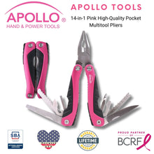 Apollo Tools 14-in-1 Pink High-Quality Pocket Multitool Pliers shown with Apollo Tools logo and badges including lifetime warranty, proud partner of the Breast Cancer Research Foundation, and Veteran Owned small business certification