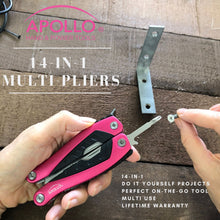 Apollo Tools 14-in-1 Pink High-Quality Pocket Multitool Pliers shown in use with the text 14 in 1 do it yourself projects, perfect on the go tool. Multi used. Lifetime warranty