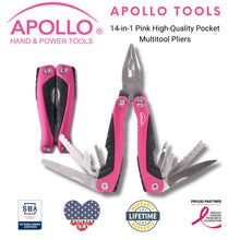 Apollo Tools 14-in-1 Pink High-Quality Pocket Multitool Pliers shown with Apollo Tools logo and badges including lifetime warranty, proud partner of the Breast Cancer Research Foundation, and Veteran Owned small business certification