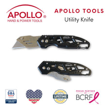 APOLLO TOOLS Ergonomic  Black Utility Knife with Carabiner Clip and Fast-Change Blade - DT5017 shown with Apollo Tools logo and badges including lifetime warranty, proud partner of the Breast Cancer Research Foundation, and Veteran Owned small business certification