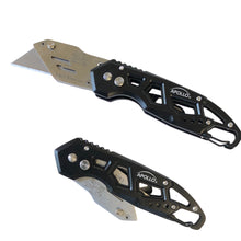 APOLLO TOOLS Ergonomic Black Utility Knife with Carabiner Clip and Fast-Change Blade - DT5017 shown open and closed