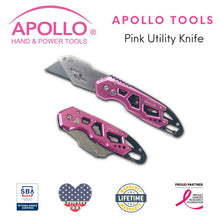 APOLLO TOOLS Ergonomic  Pink Utility Knife with Carabiner Clip and Fast-Change Blade - DT5017P shown with Apollo Tools logo and badges including lifetime warranty, proud partner of the Breast Cancer Research Foundation, and Veteran Owned small business certification