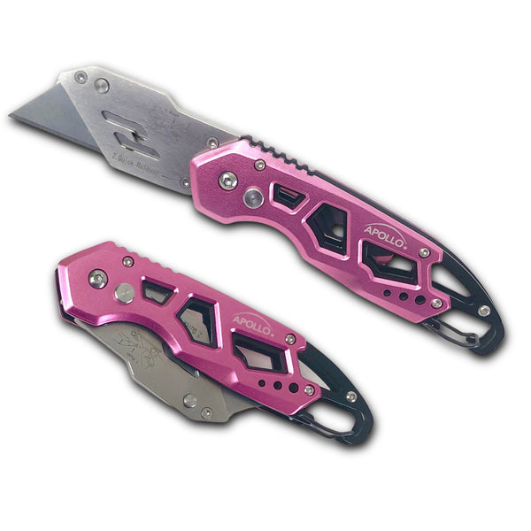 APOLLO TOOLS Ergonomic  Pink Utility Knife with Carabiner Clip and Fast-Change Blade - DT5017P shown open and closed