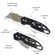 APOLLO TOOLS Ergonomic  Black Utility Knife with Carabiner Clip and Fast-Change Blade - DT5017P shows open and closed and the words: 1 button easy blade change, ergonomic hold, carabiner clip, steel construction, 1 button quick open, locks securely and dimensions: 7 inches open and 4.5 inches closed