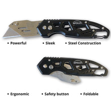 APOLLO TOOLS Ergonomic Black Utility Knife with Carabiner Clip and Fast-Change Blade - DT5017 shown open and closed with the words powerful, sleek, steel construction, ergonomic, safety button, foldable