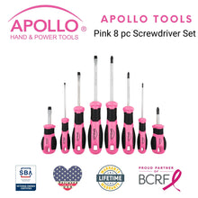 Apollo Tools 8 Pink Essential Screwdriver Set DT5018P shown with Apollo Tools logo and badges including lifetime warranty, proud partner of the Breast Cancer Research Foundation, and Veteran Owned small business certification