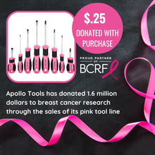 Apollo Tools 8 Pink Essential Screwdriver Set DT5018P Apollo Tools has donated over 1.6 million dollars to breast cancer research through the sale of its pink tool line.  The purchase of this product comes with a donation of $.25.