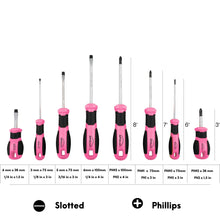 Apollo Tools 8 Pink Essential Screwdriver Set DT5018P shown with sizes:  6mm x 100mm 1/4 in x 4 in
3 mm x 75 mm 1/8 in x 3 in
6 mm x 38 mm 1/4 in x 1.5 in
PH#2 x 100mm PH2 x 4 in
5 mm x 75 mm 3/16 in x 3 in
PH#1 x 75mm PH1 x 3 in
PH#0 x 75mm PH0 x 3 in
PH#2 x 38 mm PH2 x 1.5 in

