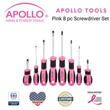 Apollo Tools 8 Pink Essential Screwdriver Set DT5018P shown with Apollo Tools logo and badges including lifetime warranty, proud partner of the Breast Cancer Research Foundation, and Veteran Owned small business certification