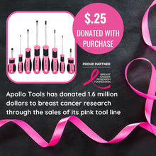 Apollo Tools 8 Pink Essential Screwdriver Set DT5018P Apollo Tools has donated over 1.6 million dollars to breast cancer research through the sale of its pink tool line.  The purchase of this product comes with a donation of $.25.