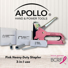 Pink Stapler with Power Adjustment Knob and 3000 Staples assortment-- DT5020P shows product and staples packaging and the words Pink Heavy Duty Stapler 3-in-1 use