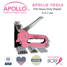 Pink Stapler with Power Adjustment Knob and 3000 Staples assortment-- DT5020P shows product and staples with Apollo Tools logo and badges including lifetime warranty, proud partner of the Breast Cancer Research Foundation, and Veteran Owned small business certification