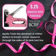 Pink Stapler with Power Adjustment Knob and 3000 Staples assortment-- DT5020P Apollo Tools has donated over 1.6 million dollars to breast cancer research through the sale of its pink tool line.  The purchase of this product comes with a donation of $.25.