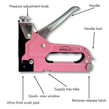 Pink Stapler with Power Adjustment Knob and 3000 Staples assortment-- DT5020P with call outs as follows: Pressure adjustment knob
Handle
Handle lock
Ultra-thick crush pad
Quick- view window
Supply tray tabs
Retainer release latch