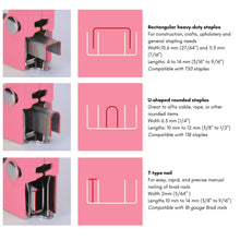 Pink Stapler with Power Adjustment Knob and 3000 Staples assortment-- DT5020P shows various size and shapes of compatible staples.   Contact us at support@apollotools.com for an ADA compliant version of the user's manual