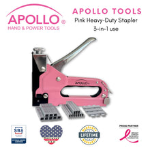 Pink Stapler with Power Adjustment Knob and 3000 Staples assortment-- DT5020P shows product and staples with Apollo Tools logo and badges including lifetime warranty, proud partner of the Breast Cancer Research Foundation, and Veteran Owned small business certification