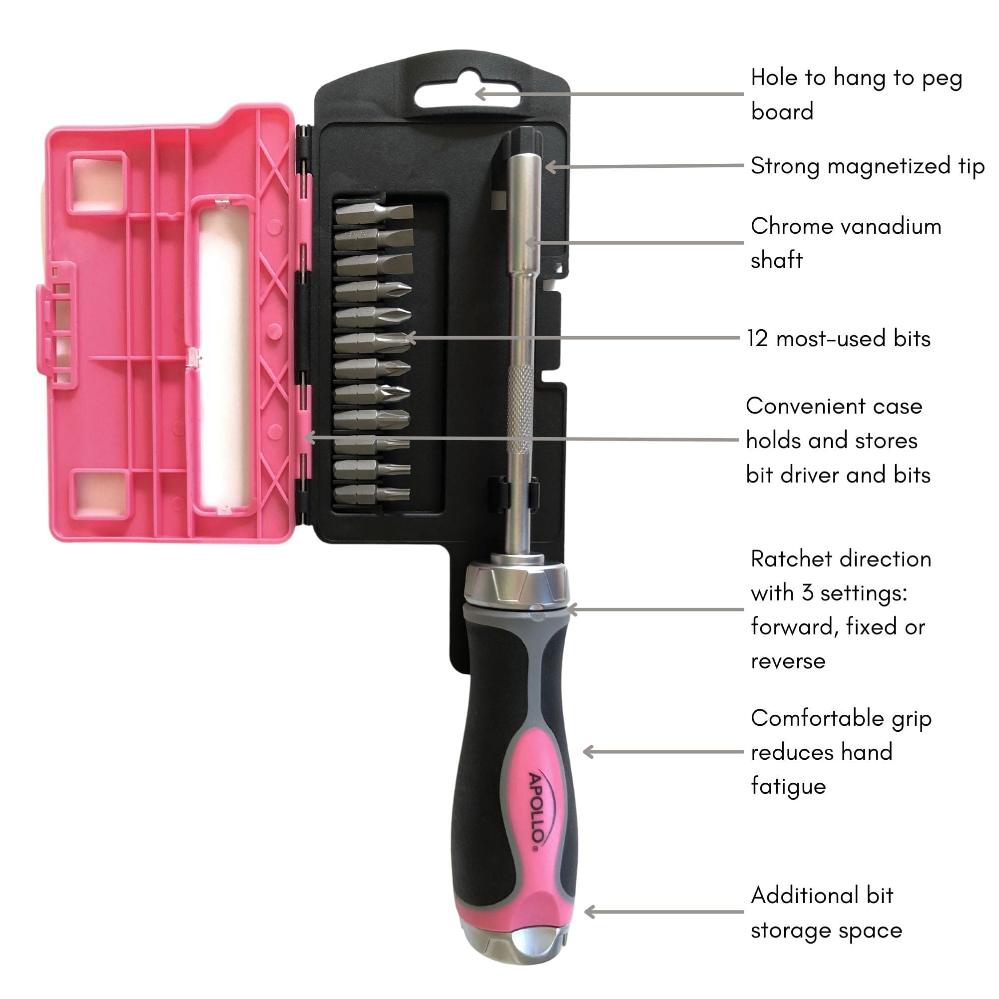 13-in-1 Ratcheting Screwdriver with Bit Set – Pink -- DT5021P – Apollo ...