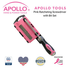 APOLLO TOOLS 13-in-1 Ratcheting Screwdriver with Bit Set – Pink -DT5021P shown with Apollo Tools logo and badges including lifetime warranty, proud partner of the Breast Cancer Research Foundation, and Veteran Owned small business certification