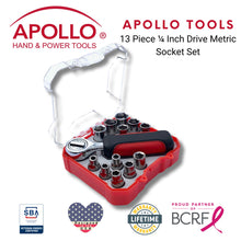 13 Piece ¼ Inch Drive Metric Socket Set - DT5023. shown with Apollo Tools logo and badges including lifetime warranty, proud partner of the Breast Cancer Research Foundation, and Veteran Owned small business certification