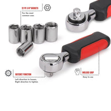 13 Piece ¼ Inch Drive Metric Socket Set - DT5023 call outs include:  12 PC 1/4"SOCKETS
! For the most
I common uses
RATCHET FUNCTION
Left direction to loosen,
Right direction to tighten
MOLDED GRIP
Easy to use