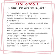 13 Piece ¼ Inch Drive Metric Socket Set - DT5023 features include:  Short handle wrench specifically designed for use in hard-to-reach areas and tight spaces.
Includes a selection of 12 of the most-used ¼ drive metric 6-point sockets
Sockets remain securely locked in the drive until pulled out
Compact case with a clear lid can hang on a pegboard 
Mini size perfect for cramped spaces
Convenient on the go, for emergencies, or in situations where a larger socket set is unnecessary. Socket sizes marked