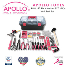 Apollo Tools 170 Piece Household Tool Kit with New and Improved Tool Box  PINK- DT7103P shown with Apollo Tools logo and badges including lifetime warranty, proud partner of the Breast Cancer Research Foundation, and Veteran Owned small business certification