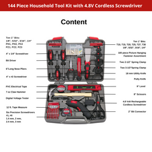 Apollo Tools DT8422 content 144 piece household tool kit with cordless screwdriver