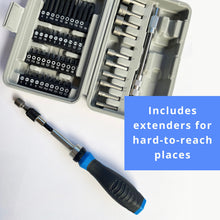 Ratcheting screwdriver set with extenders on a white background text says includes extenders for hard to reach places