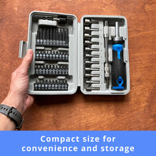Open tool kit with various bits and a hand holding it on a wooden surface, text 'Compact size for convenience and storage' at the bottom.