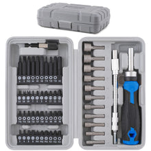 Open tool kit with various bits and a ratcheting screwdriver in a gray case on a white background