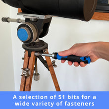 Person using a screwdriver on a tripod with text about a selection of 51 bits for fasteners.