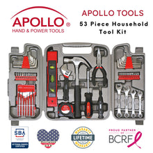 Apollo Tools 53 Piece Household Tool Kit - DT9408 Shows tools and badges including Veteran-owned small business, Lifetime warranty, partnership with the Breast Cancer Research Foundation