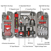 Apollo Tools 53 Piece Household Tool Kit - DT9408 contains •	6" Long Nose Pliers
•	6" Adjustable Wrench
•	9 oz Claw Hammer
•	Digital Voltage Tester 
•	12' Tape Measure
•	9" Magnetic Level
•	6 Precision Screwdrivers
•	Bit Driver
•	Twenty 1" Bits
•	Four SAE Combination Wrenches
•	Eight SAE Hex Keys 
•	Eight Metric Hex Keys
