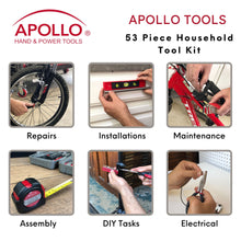 Apollo Tools 53 Piece Household Tool Kit - DT9408 shows tools in use and the words: repairs, installations, maintenance, assembly, DIY tasks and electrical