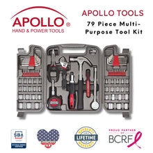 Apollo Tools 79 Piece Multi-Purpose Tool Kit - DT9411 Shows tools and badges including Veteran-owned small business, Lifetime warranty, partnership with the Breast Cancer Research Foundation