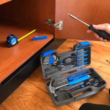 Apollo Tools 39 piece tool set model DT9706BL (blue)  shows open tool set and tools in use, such as the bit driver