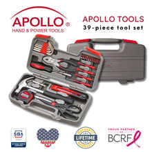 Apollo Tools 39 piece tool set model DT9706 red shows open tool set with closed box in background and badges including  lifetime warranty, proud partner of the Breast Cancer Research Foundation, and Veteran Owned small business certification