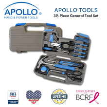 Apollo Tools 39 piece tool set model DT9706BL (blue) shows open tool set with closed box in background and badges including lifetime warranty, proud partner of the Breast Cancer Research Foundation, and Veteran Owned small business certification