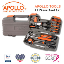 Apollo Tools 39 piece tool set model DT9706OR (orange) shows open tool set with closed box in background and badges including lifetime warranty, proud partner of the Breast Cancer Research Foundation, and Veteran Owned small business certification