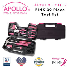 Apollo Tools 39 piece tool set model DT9706P (pink) shows open tool set with closed box in background and badges including lifetime warranty, proud partner of the Breast Cancer Research Foundation, and Veteran Owned small business certification