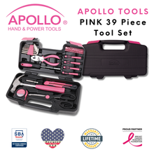 Apollo Tools 39 piece tool set model DT9706P (pink) shows open tool set with closed box in background and badges including lifetime warranty, proud partner of the Breast Cancer Research Foundation, and Veteran Owned small business certification