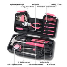 Apollo Tools 39 piece tool set model DT9706P (pink) callouts include 12' Tape Measure
9 oz Steel Claw Hammer 
6" Slip Joint Pliers
8 SAE Hex Keys
Bit Driver
2" Bit Connector
Twenty 1" Bits
18 mm Utility Knife
8" Scissors
4 Precision Screwdrivers
