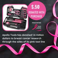 Apollo Tools 39 Piece General Tool Set Pink - DT9706P (pink) Apollo Tools has donated over 1.6 million dollars to breast cancer research through the sale of the pink tool line.  $.50 donated with purchase of this pink 39 piece tool set