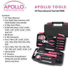 Apollo Tools 39 piece tool set model DT9706P (pink) content includes 12' Tape Measure
9 oz Steel Claw Hammer 
6" Slip Joint Pliers
8 SAE Hex Keys
Bit Driver
2" Bit Connector
Twenty 1" Bits
18 mm Utility Knife
8" Scissors
4 Precision Screwdrivers
