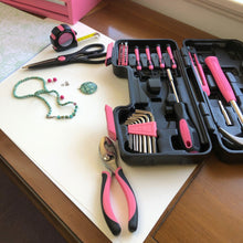 Apollo Tools 39 Piece General Tool Set Pink - DT9706P (pink) lifestyle images shows open tool set in use for diy jewelry making